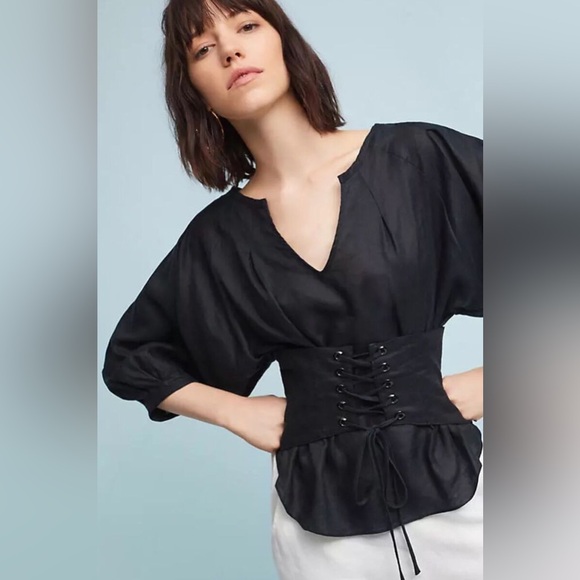 ANTHROPOLOGIE Akemi + Kin Black Corset Balloon Sleeve Blouse Size 4 - Picture 1 of 12